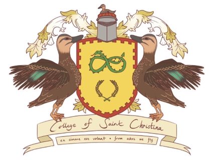 College of St Christina coat of arms, two pacific black ducks standing beside a shield with the St Christina heraldry
